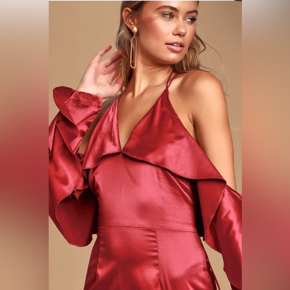 Thrill of the Night Red Pink Satin Cold Shoulder Mini Dress